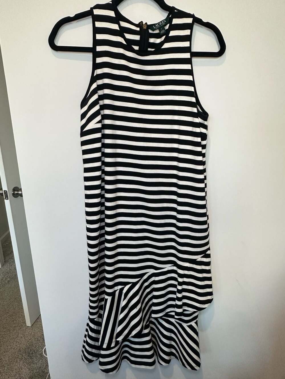 100% Cotton Ralph Lauren Women's Striped Asymmetrical Flounce Dress Blue White L - Picture 7 of 9